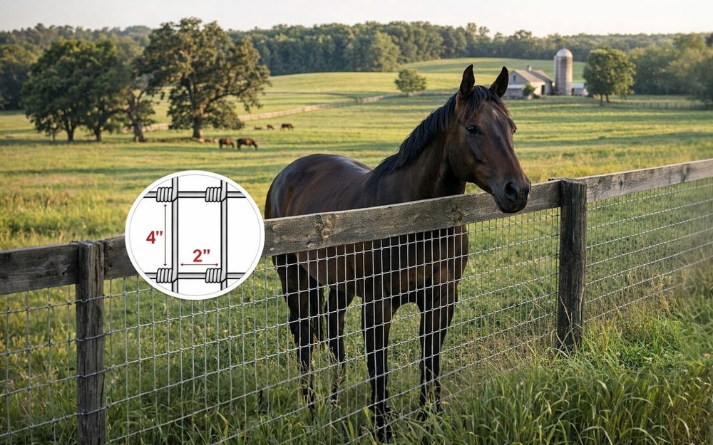 Horse behind woven no-climb fencing with a timber top rail in a pasture