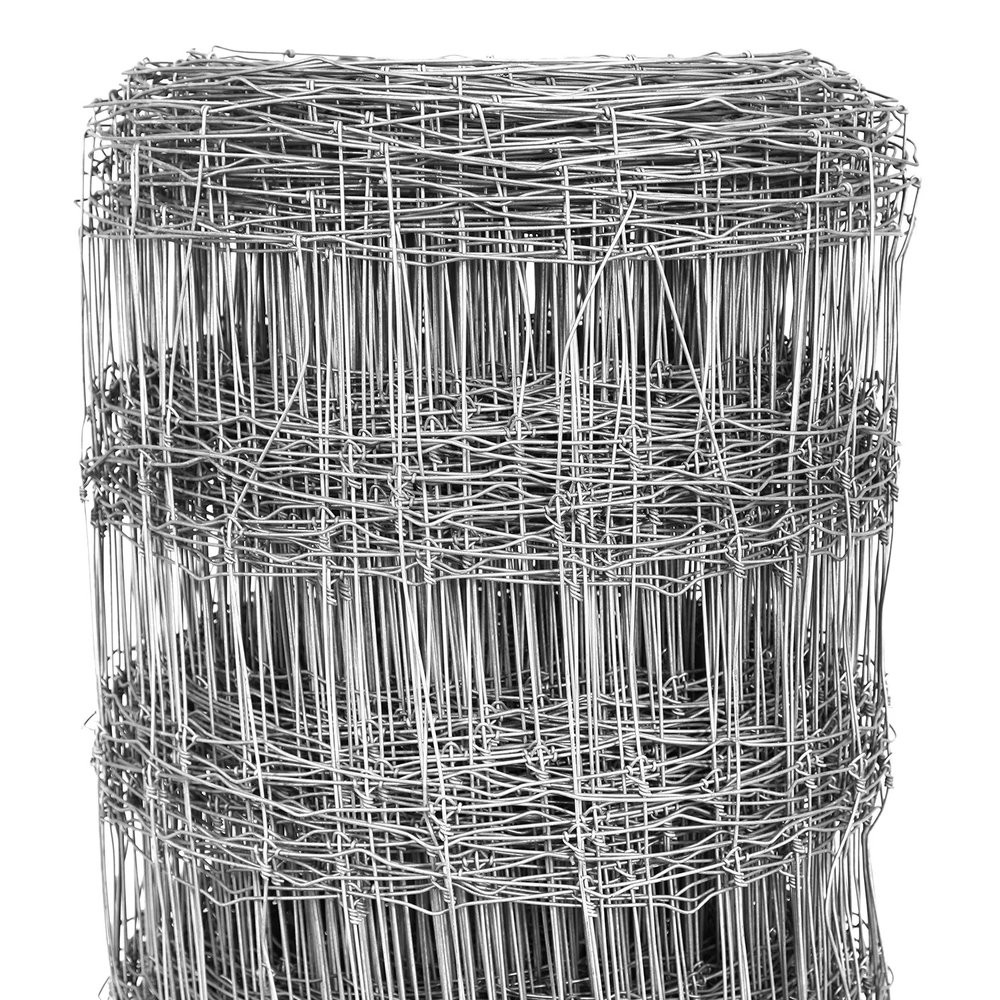 Close-up of a galvanized hinge joint field fence roll showing wire gauge, line wires and hinge joints