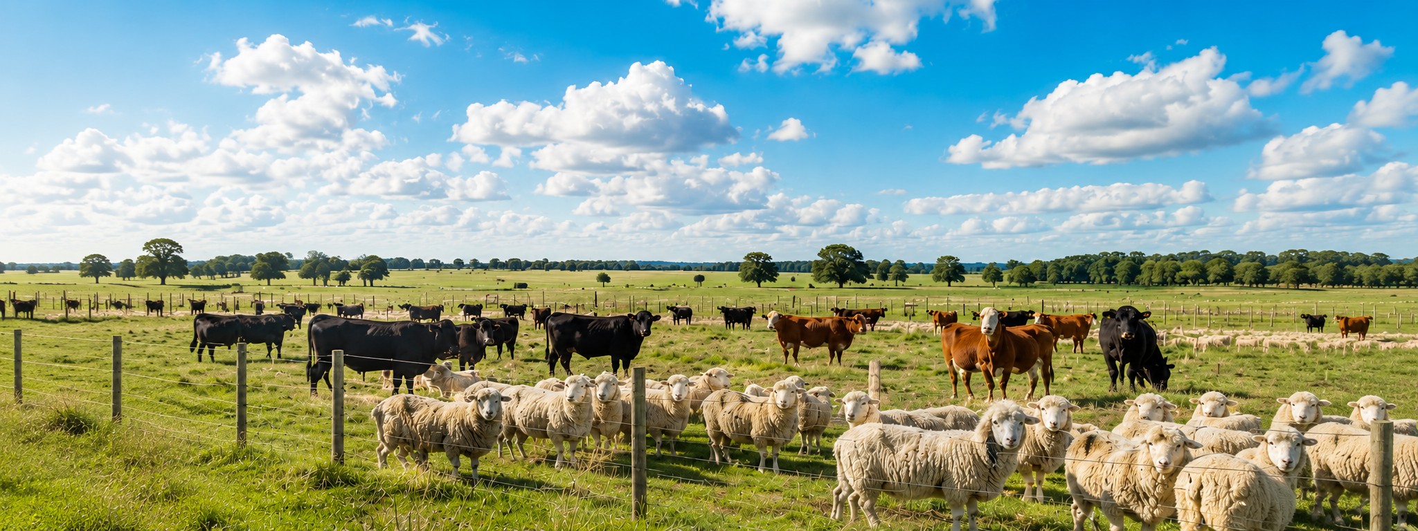 Bright farm and ranch fencing landscape with cattle, sheep, grassland and blue sky