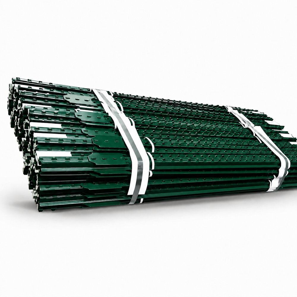Green painted 10 ft high tensile steel T posts bundled for wholesale export