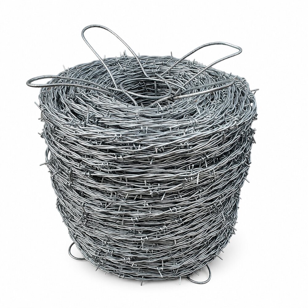 12.5 gauge 2-point galvanized barbed wire 1320 ft coil on a white background