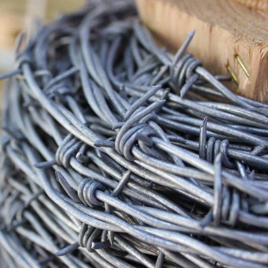 Galvanized 2-point barbed wire coil showing barb and wire surface detail