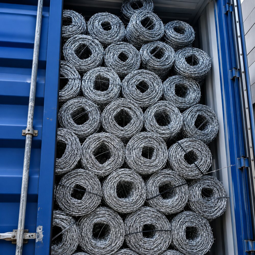 Galvanized barbed wire coils loaded into an export shipping container