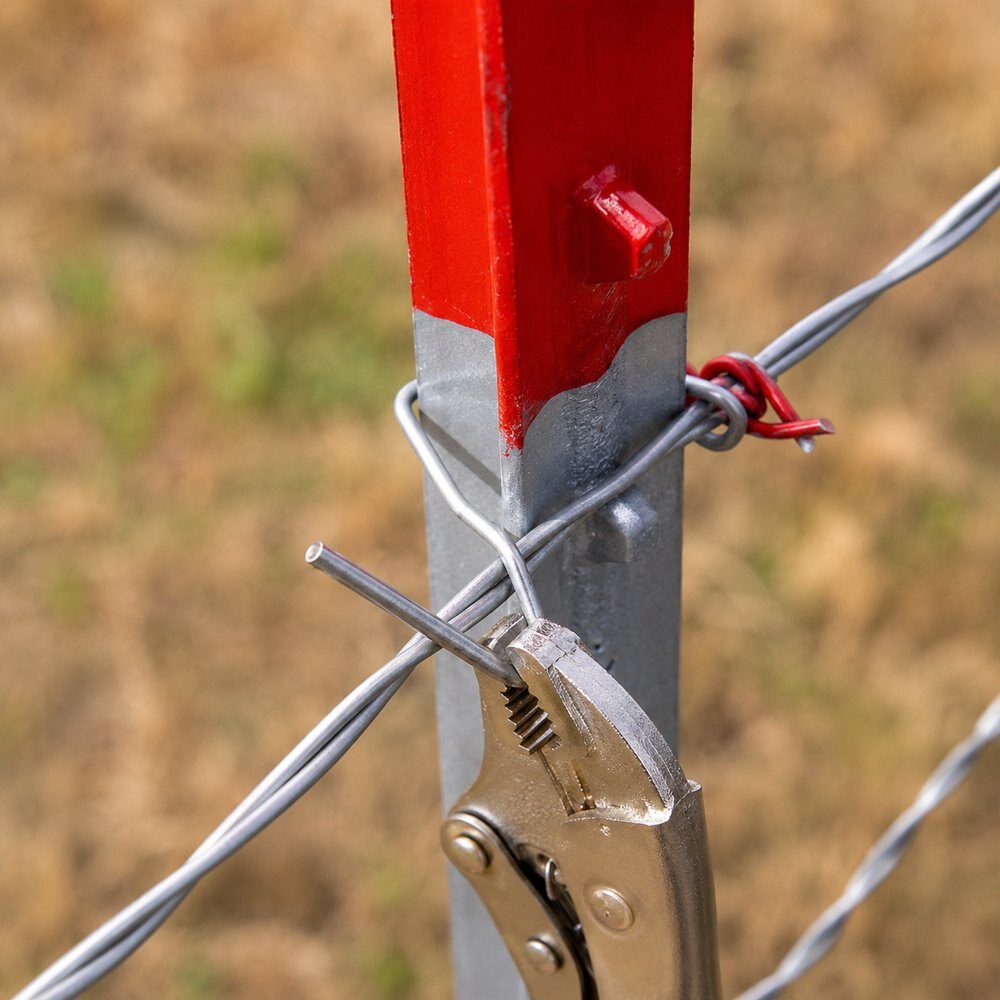 Fence wire fastening detail on a 6 ft green steel T post