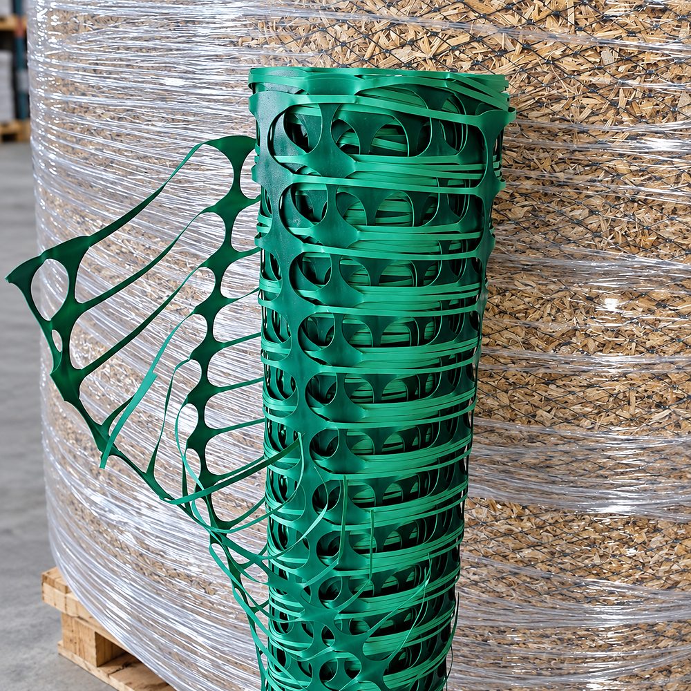 Green plastic barrier mesh roll beside packed rolls