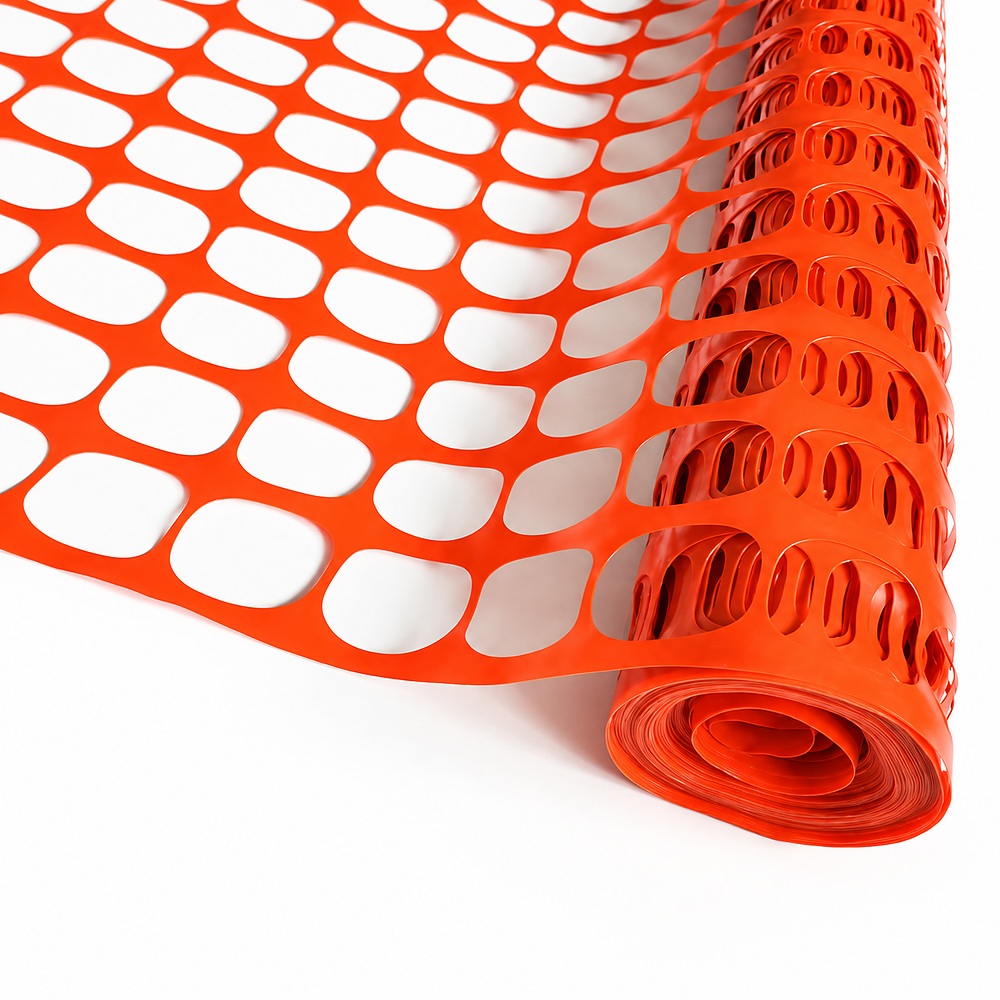 Orange HDPE safety fence roll and mesh detail