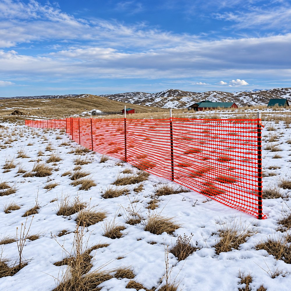 Orange plastic snow fence installed beside snow-covered ground