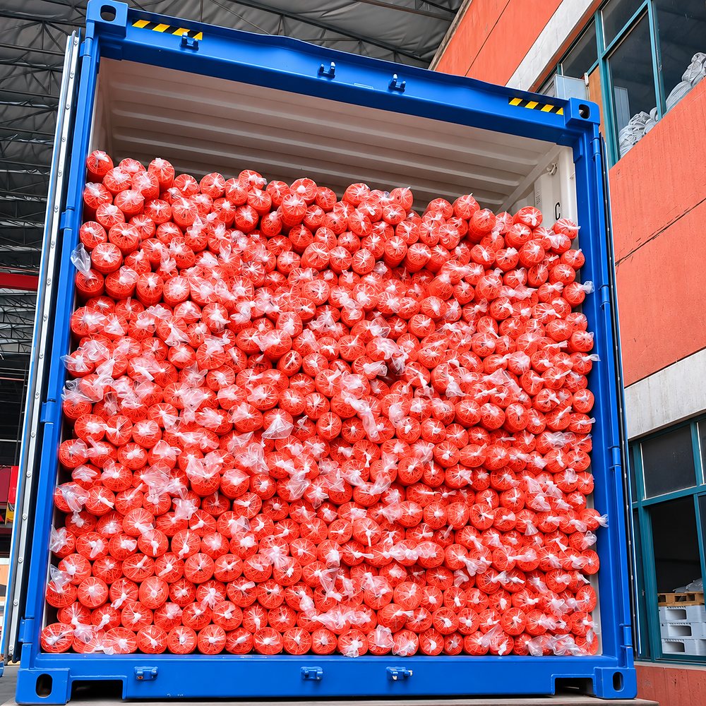 Orange safety fence rolls loaded in an export container