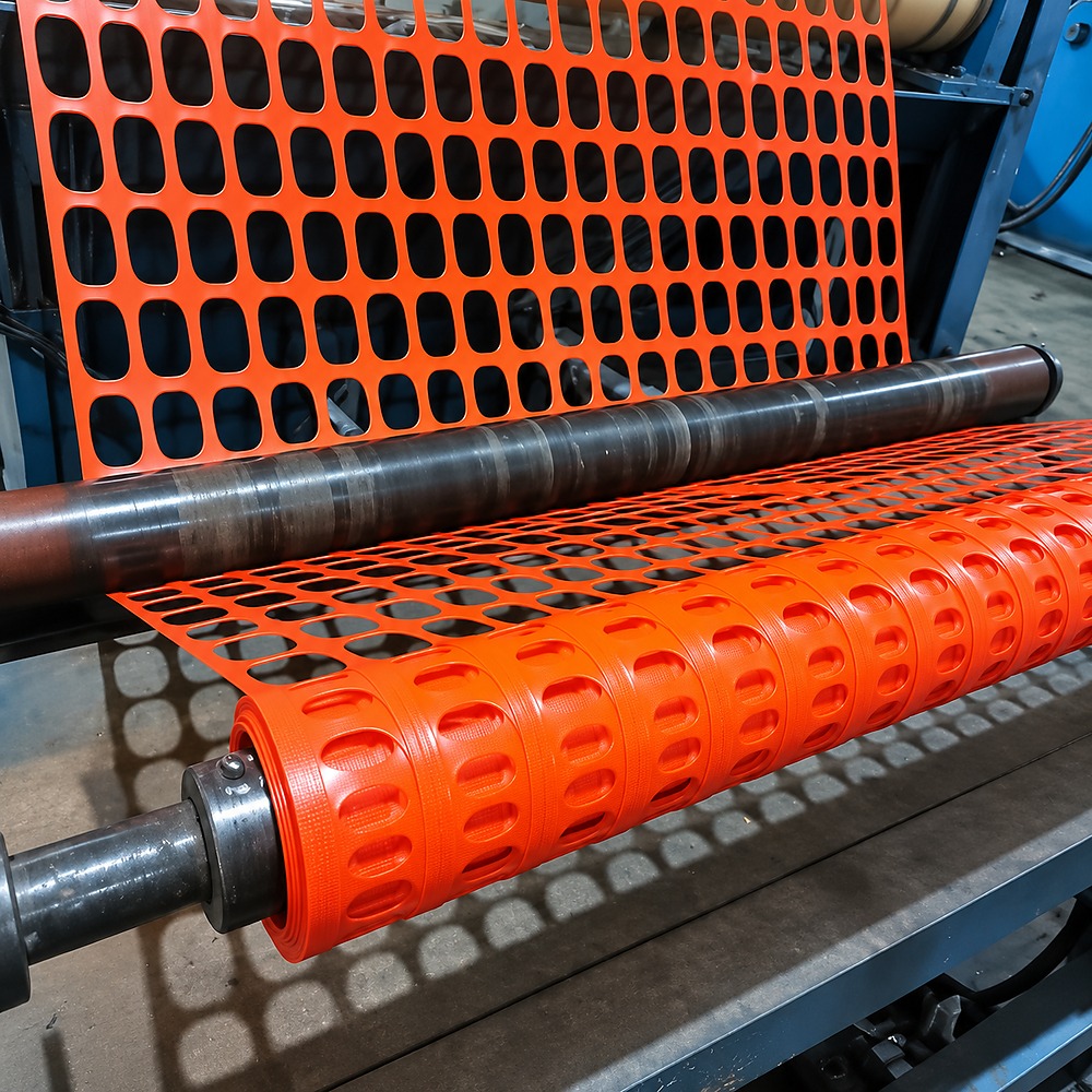 Orange safety fence mesh on a production roller