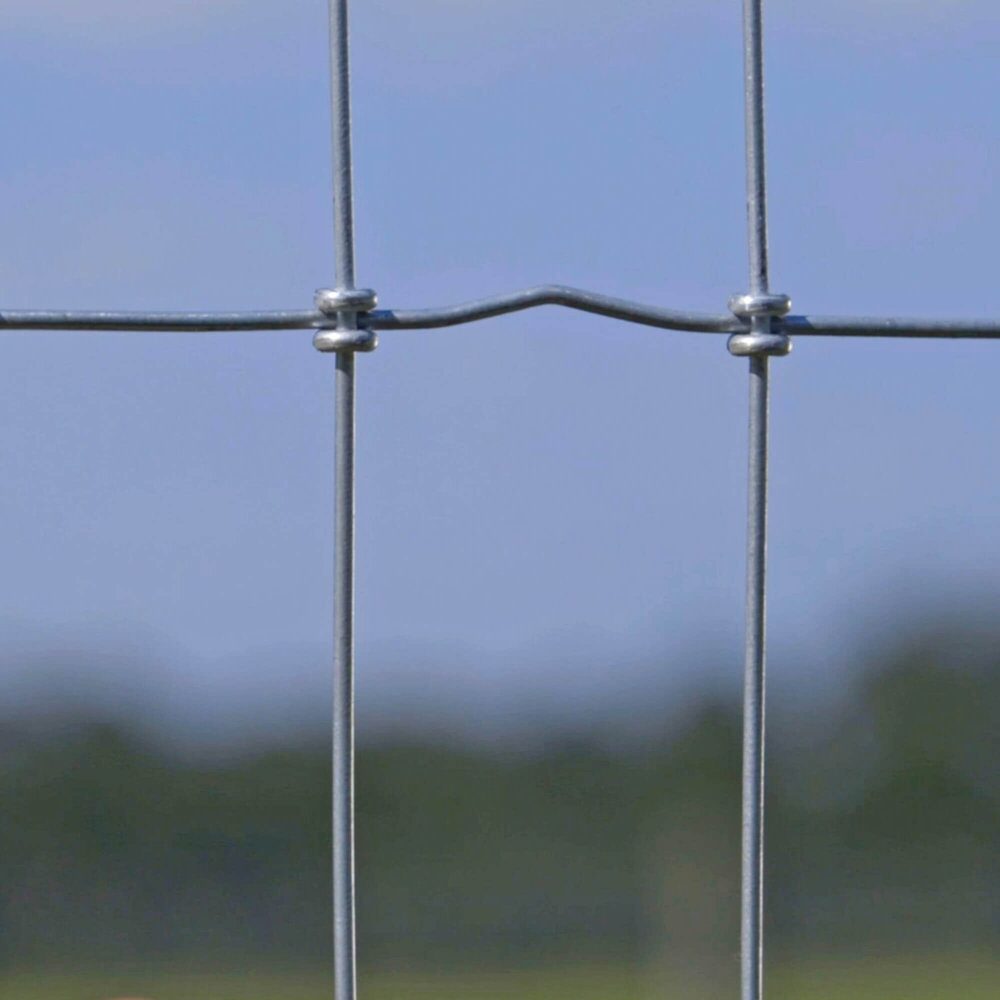 Close-up of galvanized S knot joint on livestock fence wire