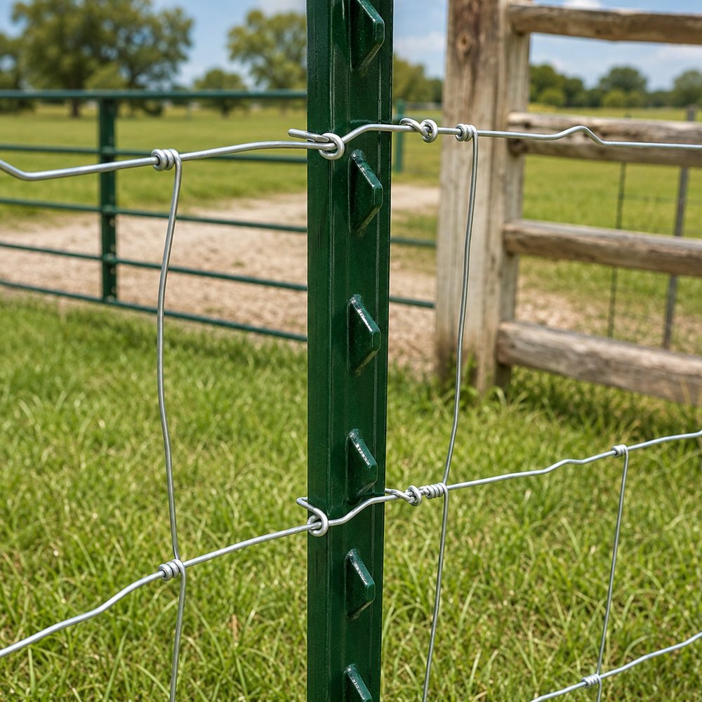 Fence wire attachment detail on a studded steel T post