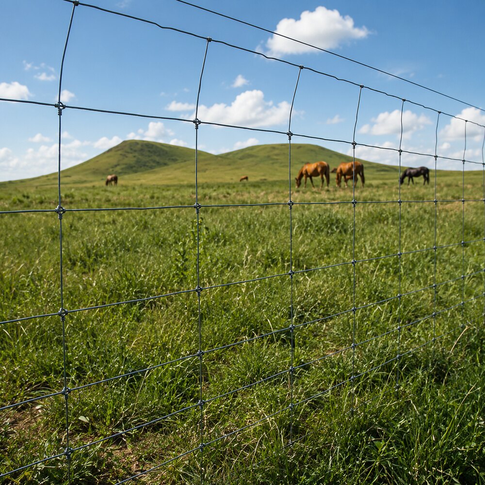 Woven wire livestock fence across a grazing pasture illustrating fence height and mesh spacing